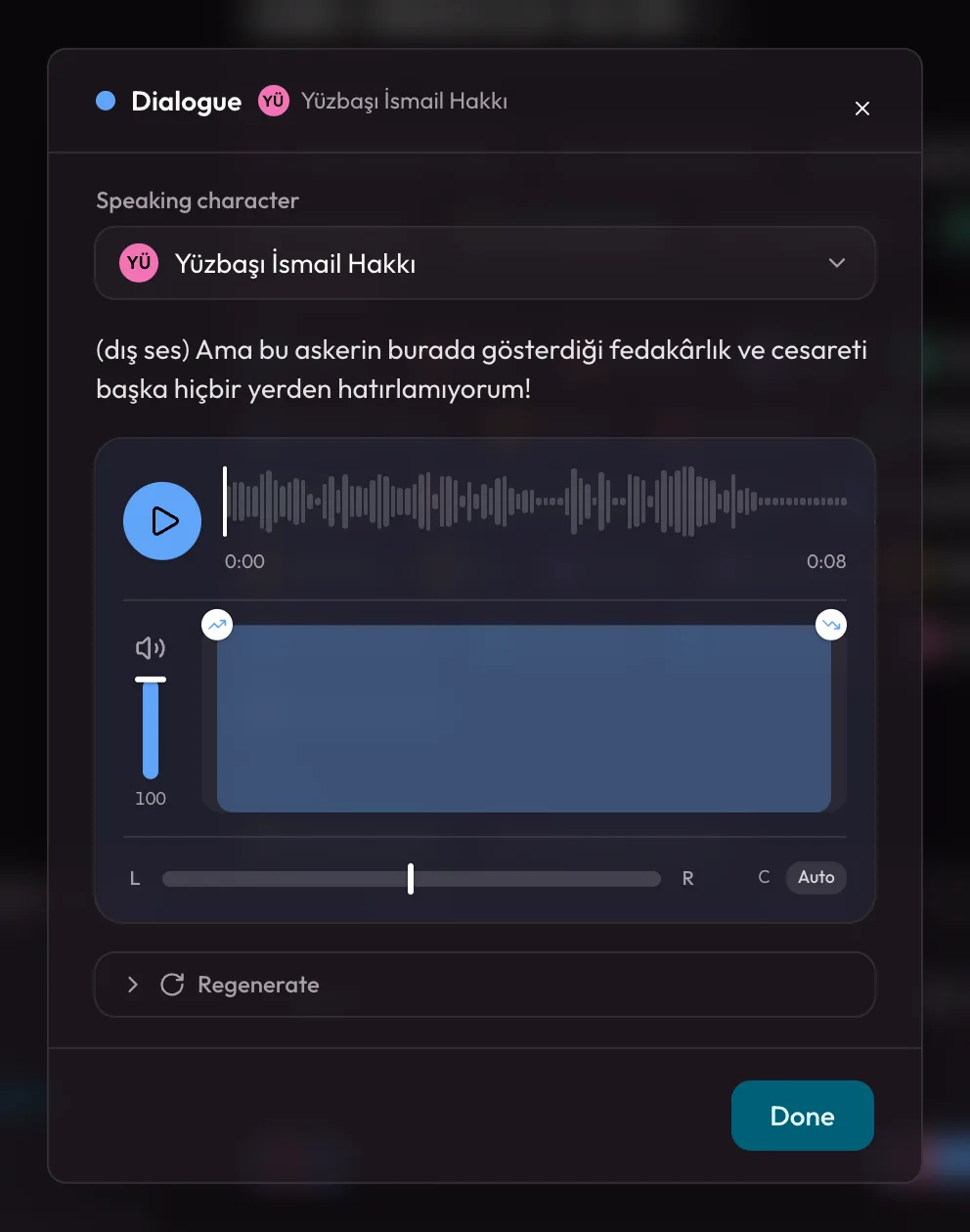 The audio clip dialog with its takes list and controls