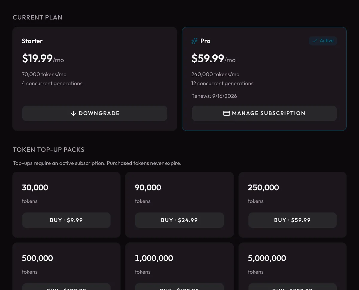 The billing page with plan cards and token packs
