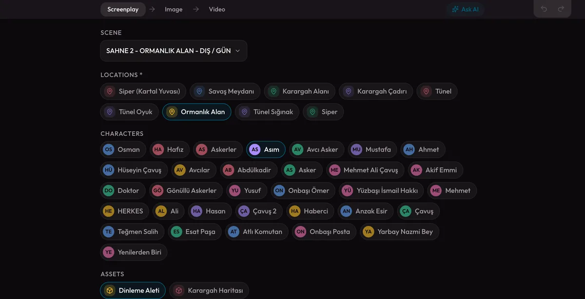The shot editor's Senaryo tab: scene picker, location/character/asset chips and the script text area