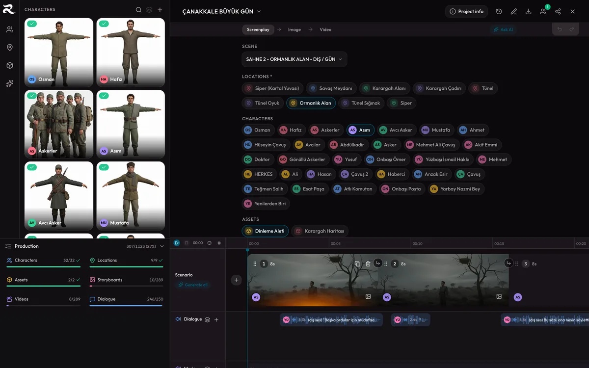 The full editor: entity drawer on the left, shot editor in the center, scene strip and audio lanes at the bottom