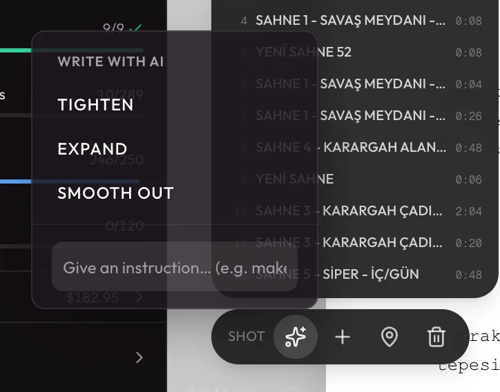 The AI rewrite menu, open