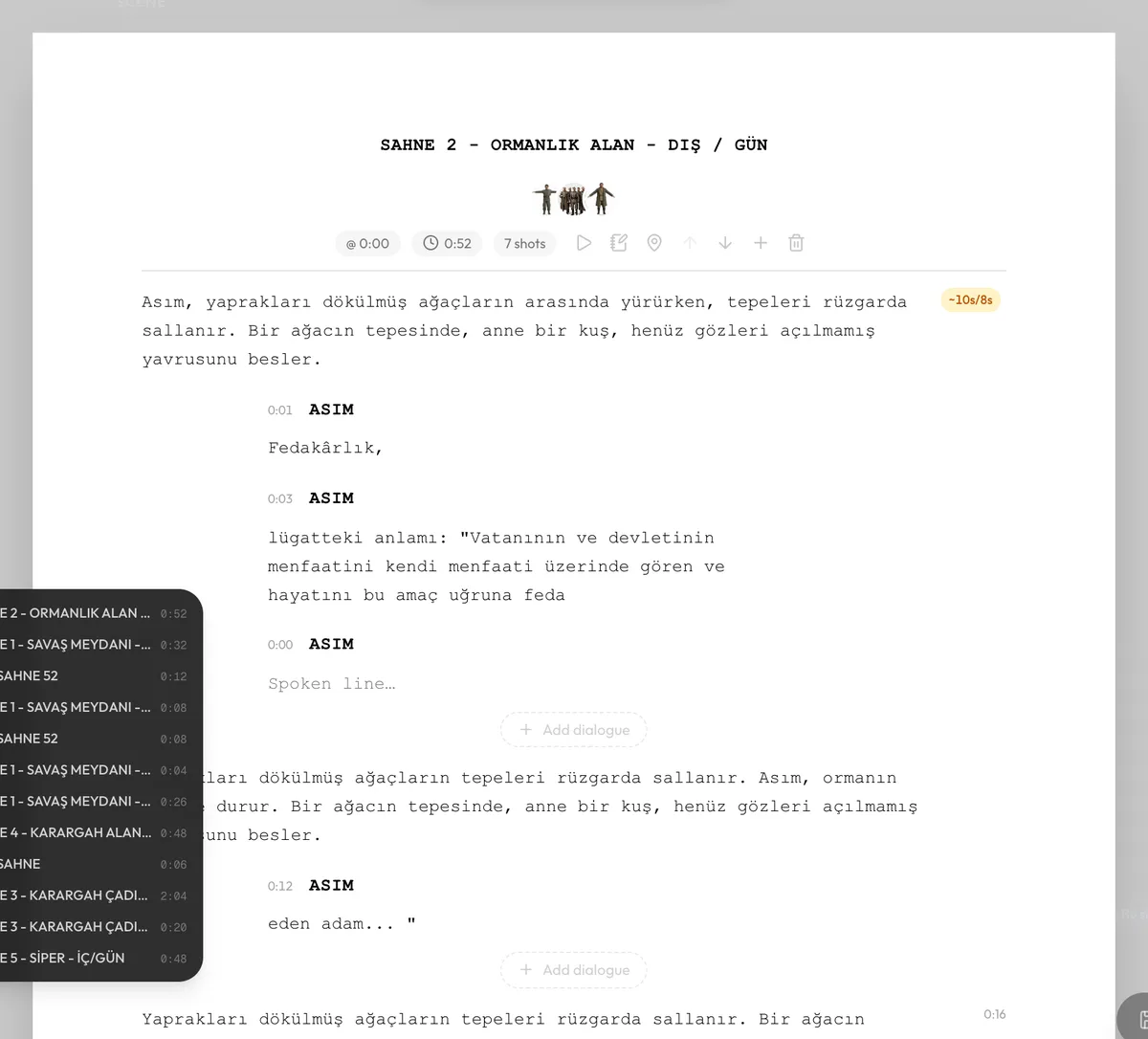 The A4 screenplay page in writer mode with a scene